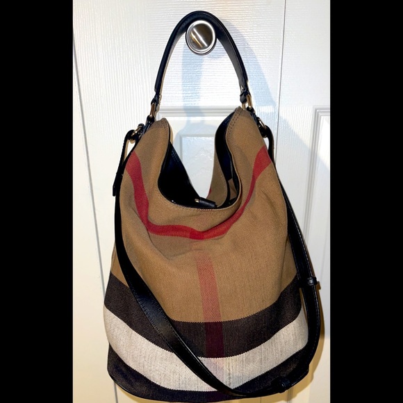 Burberry Handbags - Burberry Canvas Mega Check Medium Ashby Hobo Saddle Black